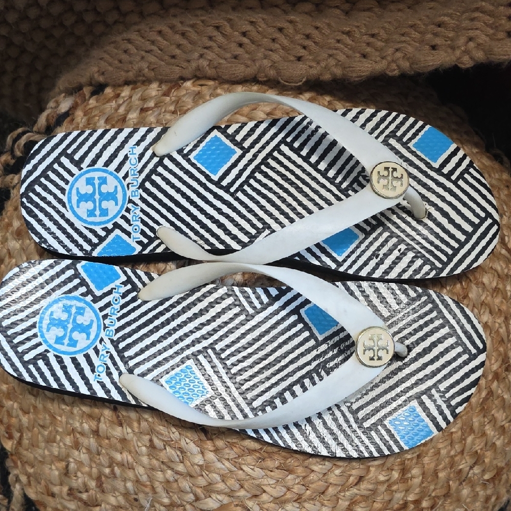 Tory Burch Monochrome Flip Flops with Blue Highlights
